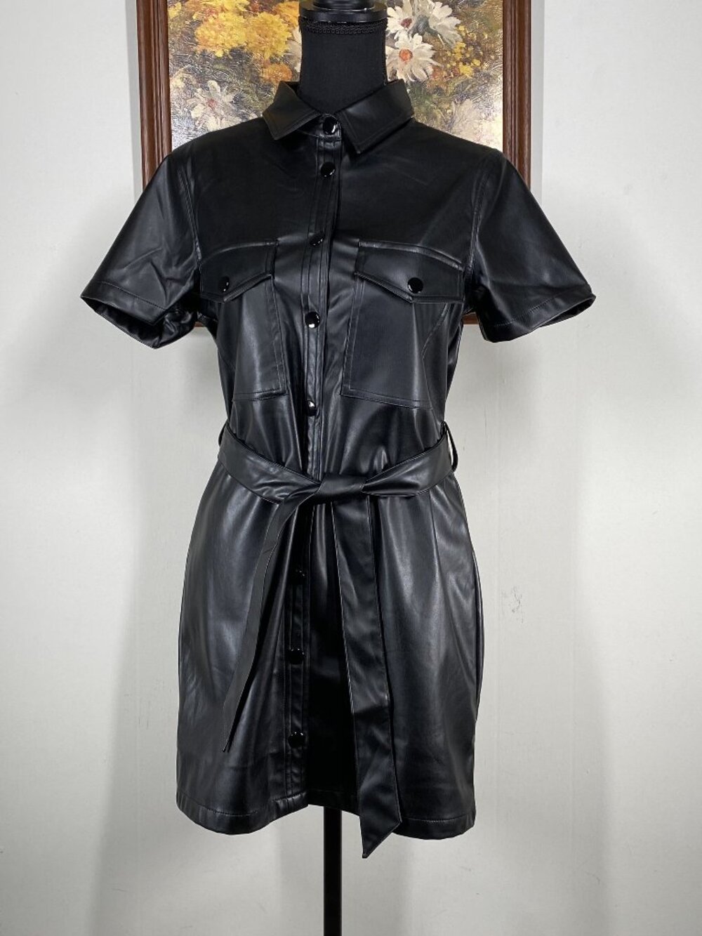 Forever 21 Faux Leather Mini A-Line Shirt Dress Women's Small Black Casual NWT